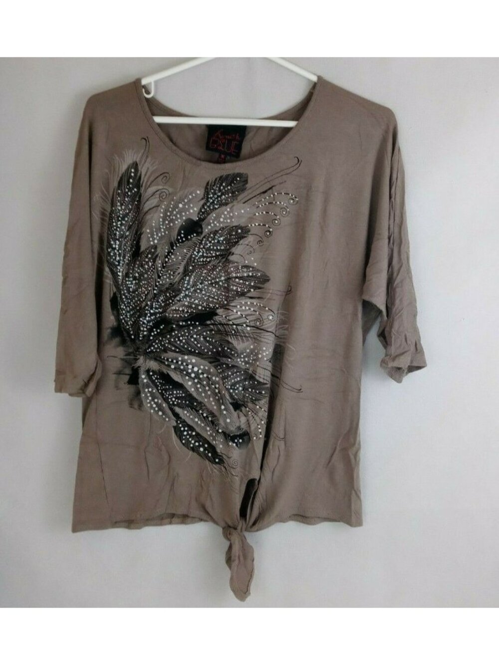 French Blue Women's Beaded T-Shirt With Feathers Design Size Medium